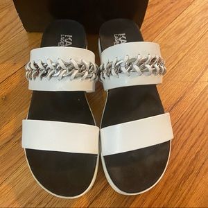 Karl Lagerfeld Paris Meslay White Vacchetta Leather Chain Strap Sandals Size 7.5